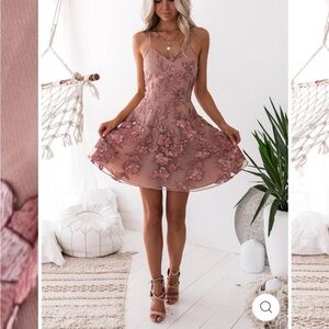 TWO SISTERS Floral Rose Embroidered A Line Mini Dress Dusty Pink Formal Bridal